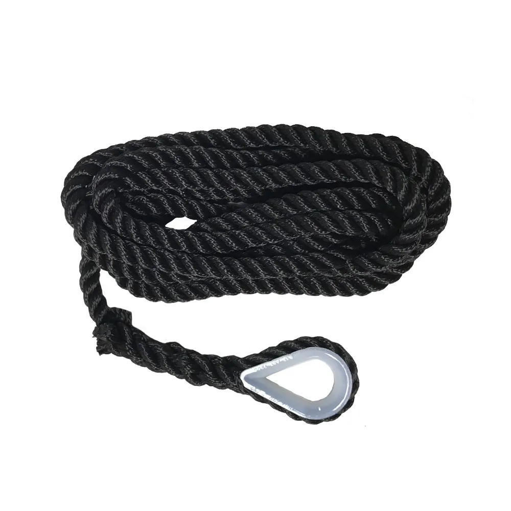 Spliced eye with a metal thimble on a black three-strand rope